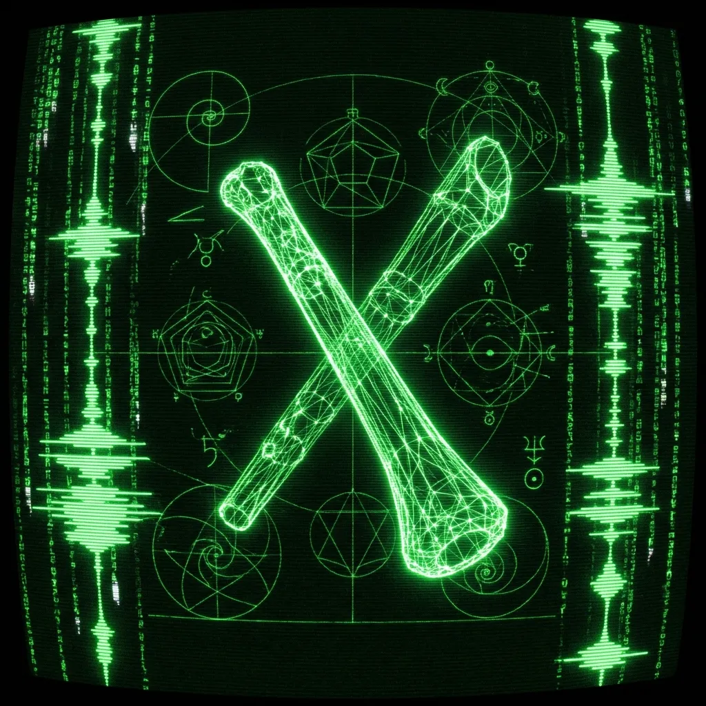 A mystical, esoteric illustration in dark green monochrome CRT terminal aesthetic (#00e300 on #0a0a0a). A 3D green wireframe of an Aurignacian bone …