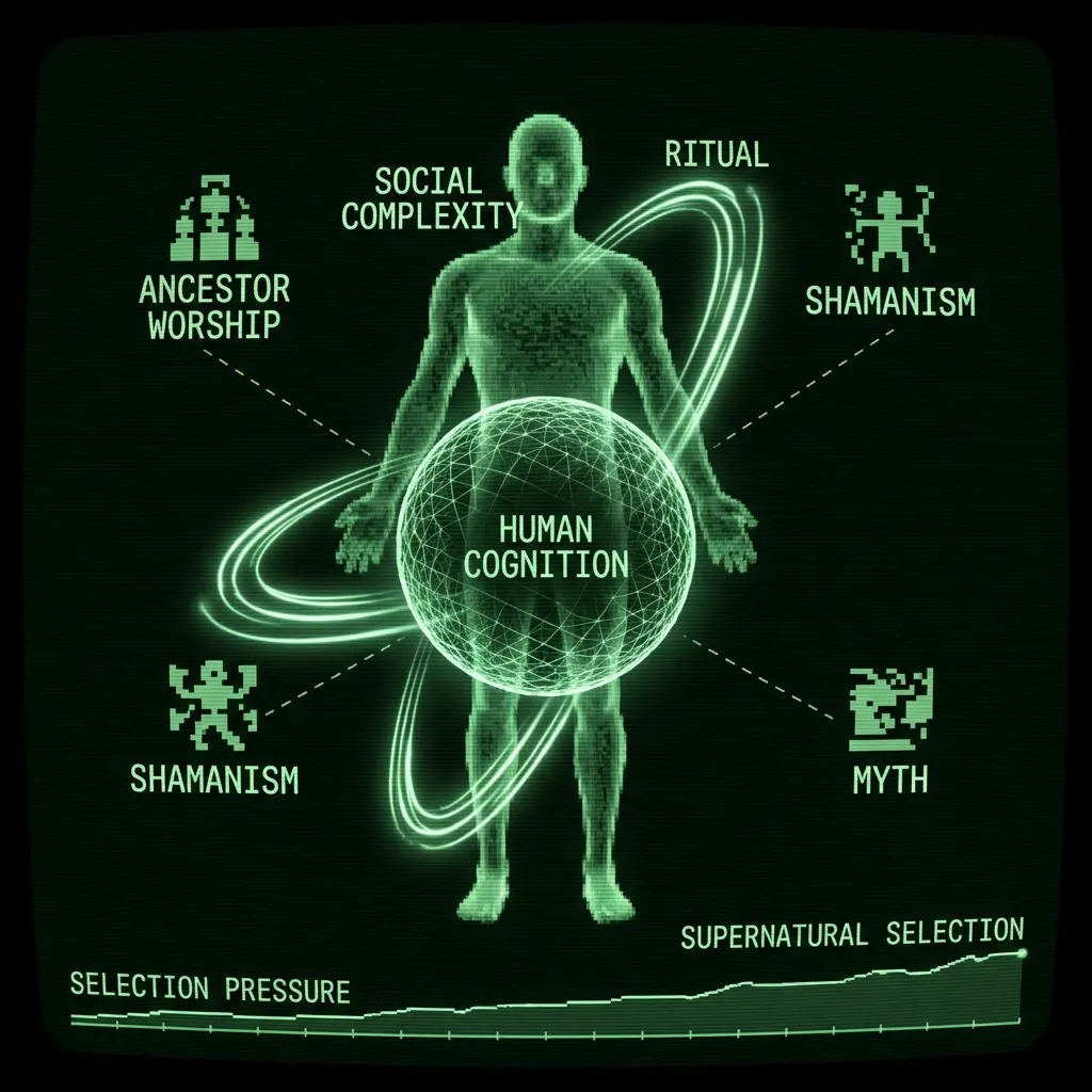 A complex wireframe neural network, representing 'HUMAN COGNITION', pulses at its center. From its core, stylized, glowing tendrils representing …