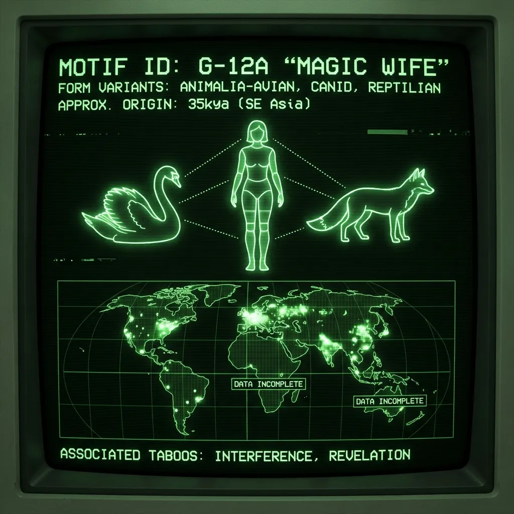 A detailed schematic of the "Magic Wife" motif, presented as an archaeological database scan. A central wireframe diagram illustrates a transforming …