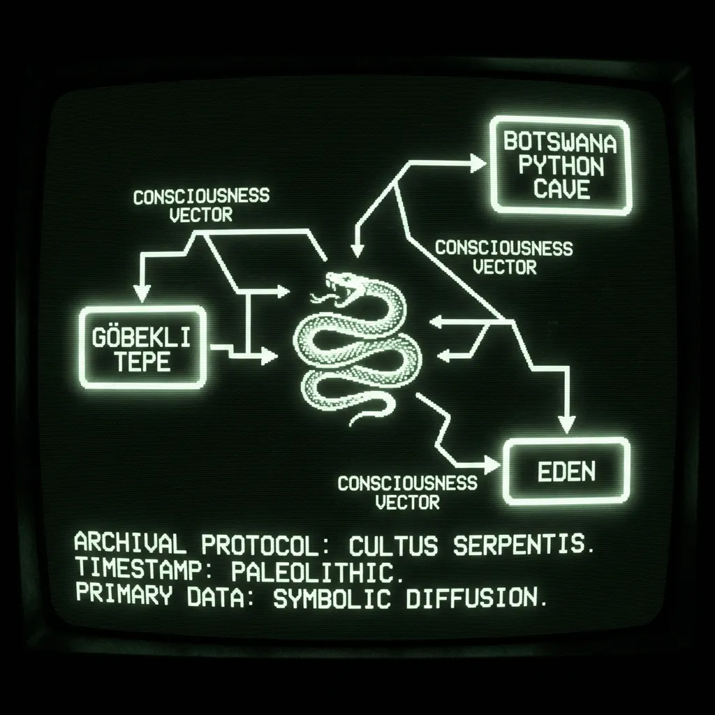 A complex network diagram, recovered from a defunct archaeological database, traces the global dispersal of serpent motifs. Nodes representing key …