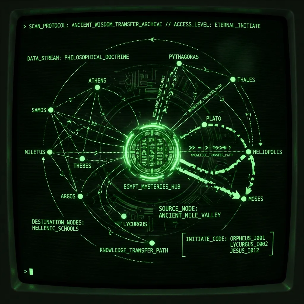 A complex, multi-layered network diagram uncoils across the screen, depicting interconnected nodes representing ancient cities like Athens, Samos, …