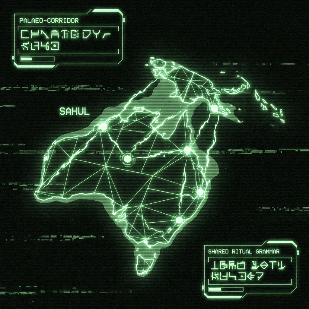 A mystical, esoteric illustration in dark green monochrome CRT terminal aesthetic. A 3D wireframe map of the Sahul landmass connecting Australia and …