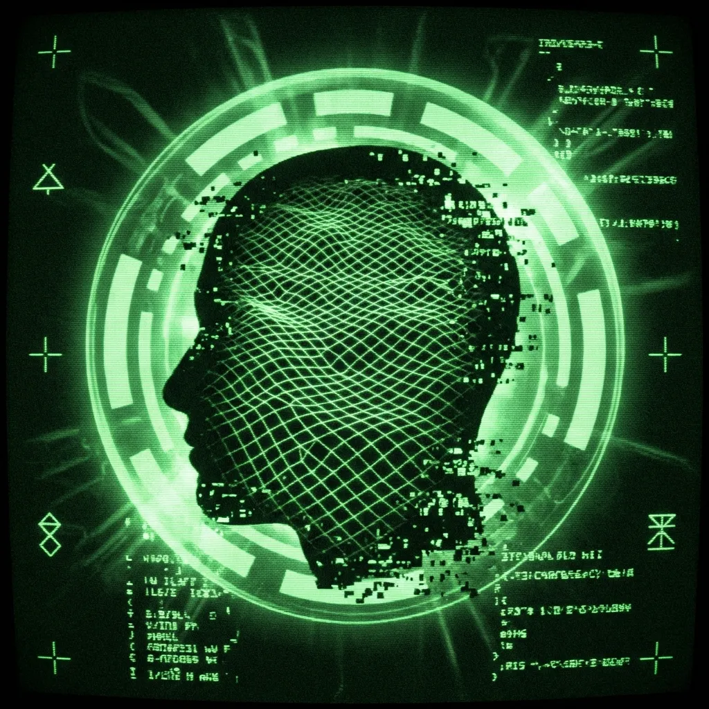 A mystical, esoteric illustration in dark green monochrome CRT terminal aesthetic. A high-contrast silhouette of a human head from the side, filled …