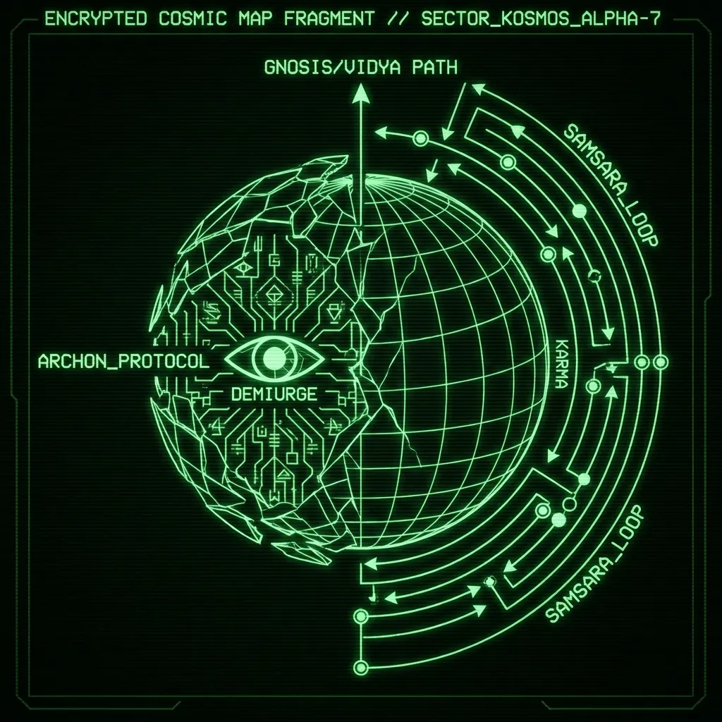 A stylized wireframe of a celestial sphere, half-shattered, half-intact. Within the shattered half, a single, glowing geometric eye (DEMIURGE) peers …