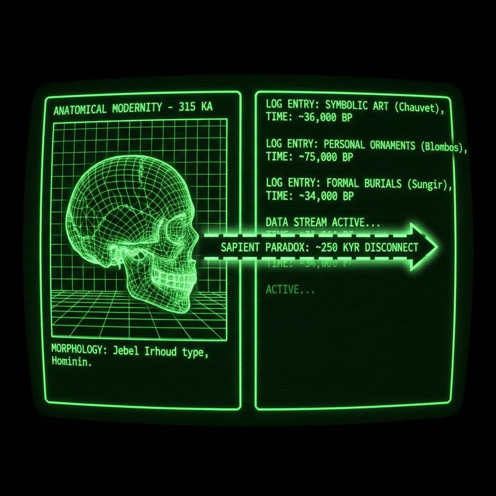 A split terminal display showing two data panels. On the left, a wireframe schematic of a *Homo sapiens* cranium (Jebel Irhoud type) emerges from a …