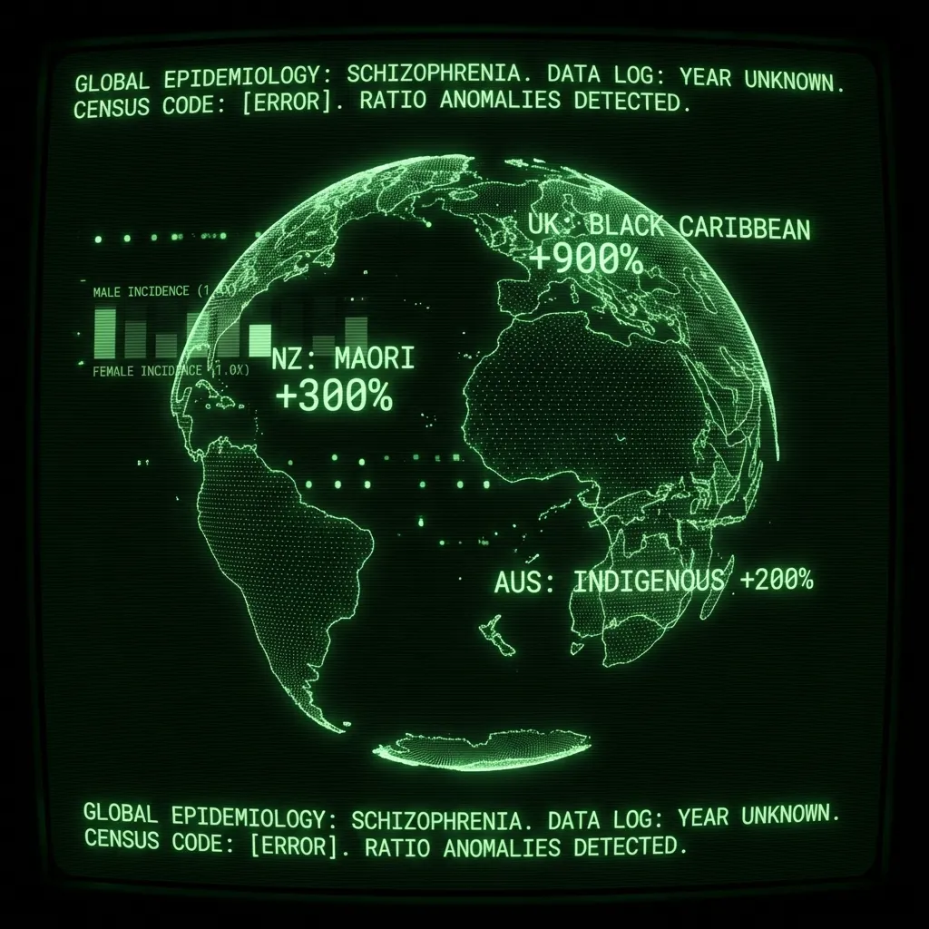 A fragmented, wireframe globe rotates slowly. Overlaid are blinking data points and schematic bar graphs showing "MALE INCIDENCE (1.4X)" next to …