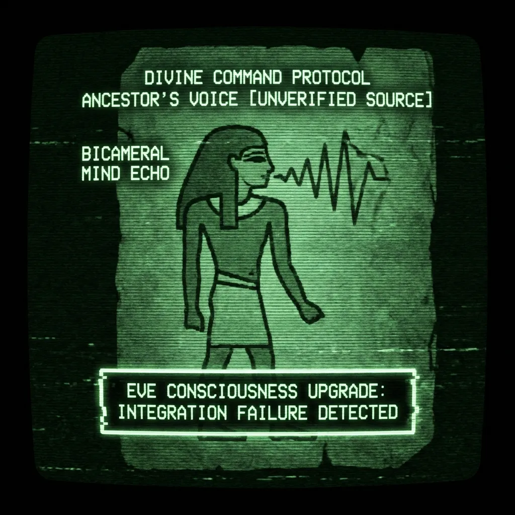 A stylized, ancient-looking human silhouette, resembling a hieroglyph or archaic symbol, from which abstract, geometric voice-like waveforms emanate. …
