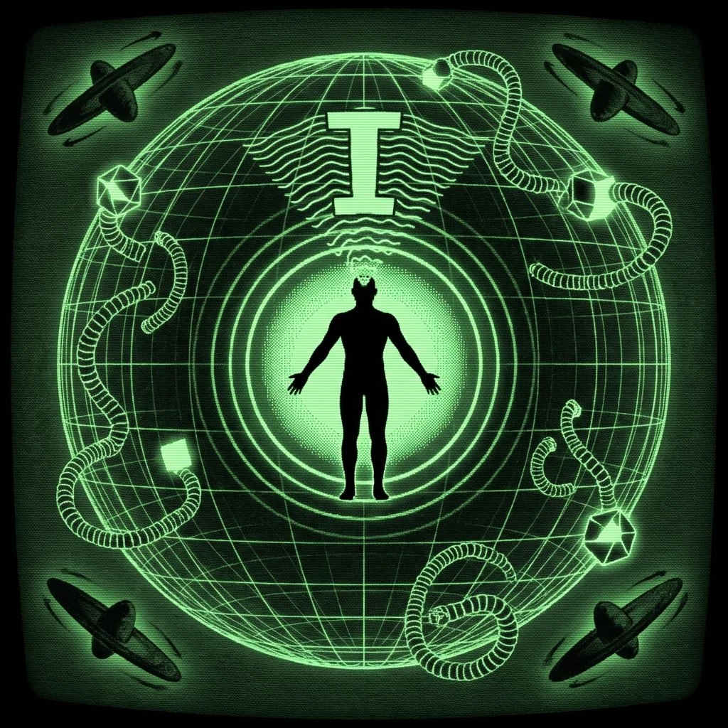 A mystical, esoteric illustration in dark green monochrome CRT terminal aesthetic. A high-contrast silhouette of a woman stands at the center, …