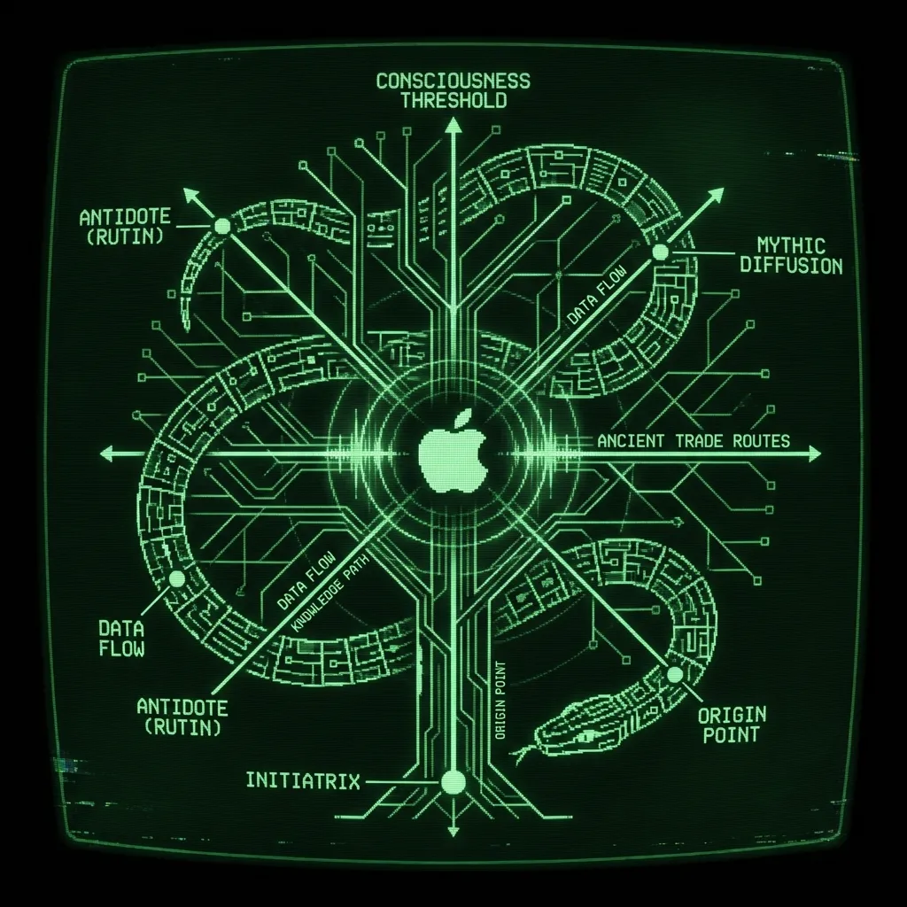 A stark, geometric representation of a tree, its branches forming a complex network of nodes and pathways, around which a segmented serpent coils. A …