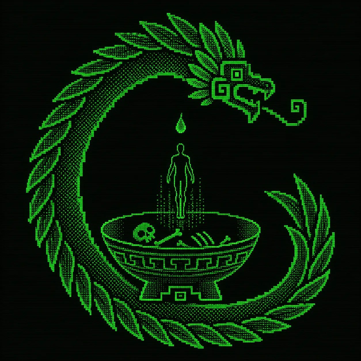 AI-generated cover Green phosphor feathered serpent around a bowl of ancestral bones, with a human figure rising beneath a suspended drop.