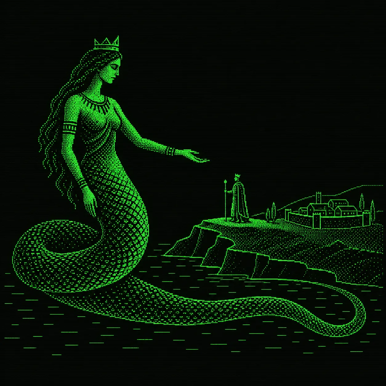 AI-generated cover Green phosphor serpent princess offering a human founder land beside a small walled settlement.