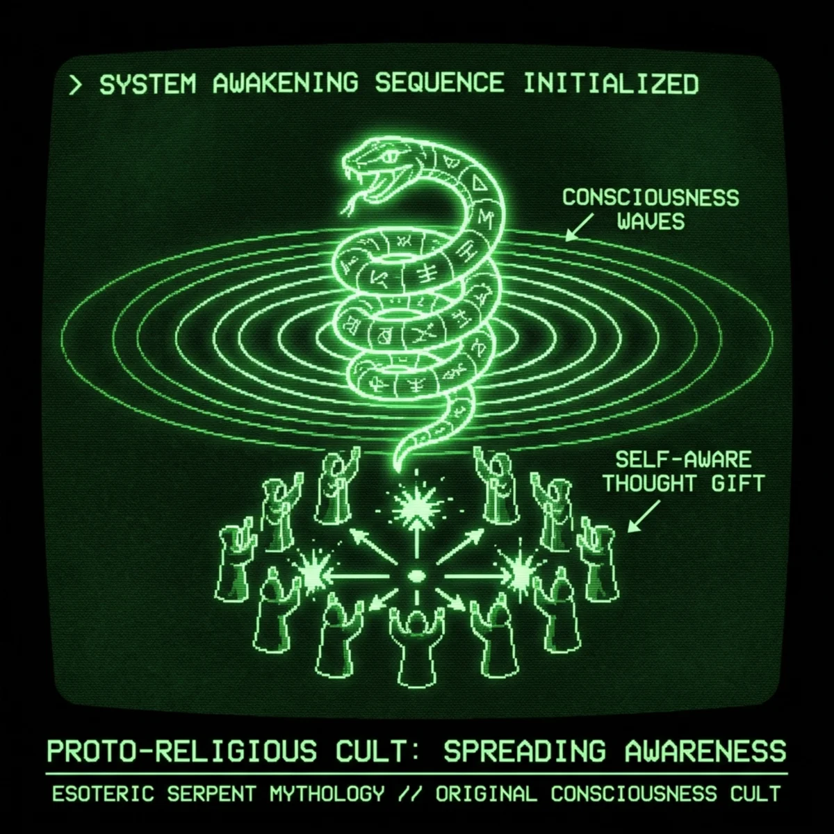 Green phosphor on black void. A serpent goddess idol at the center radiates consciousness outward like ripples in water. Prehistoric worshippers in a …
