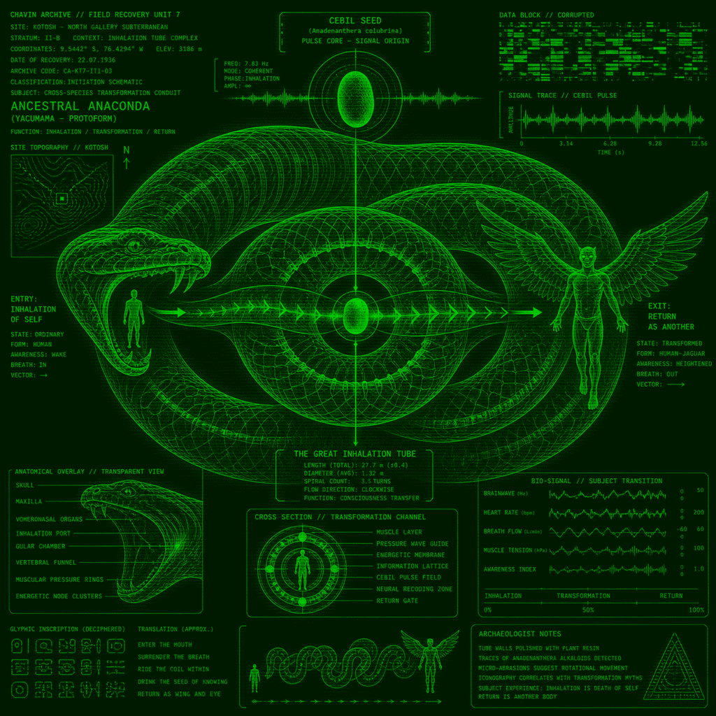 Generated with OpenAI ImageGen An ancestral anaconda swallows a small human silhouette, and its immense coiled body becomes a cross-species transformation conduit. Inside the …