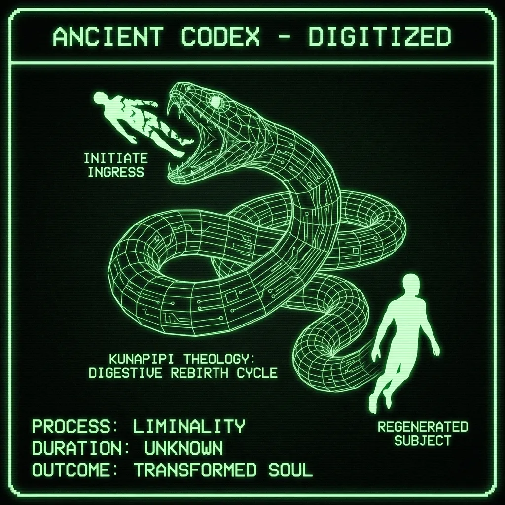 A detailed wireframe diagram from an "ANCIENT CODEX - DIGITIZED" shows a massive, coiling serpent with an internal schematic. A human silhouette …