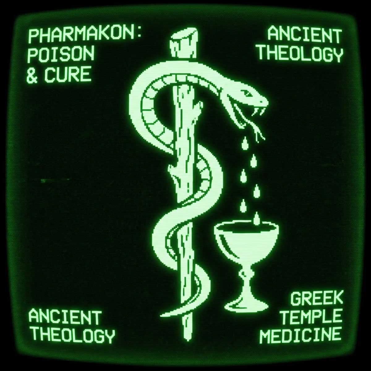 Green phosphor CRT aesthetic. The Rod of Asclepius—single serpent wrapped around healing staff. Venom as pharmakon: poison and cure. Medical symbol …