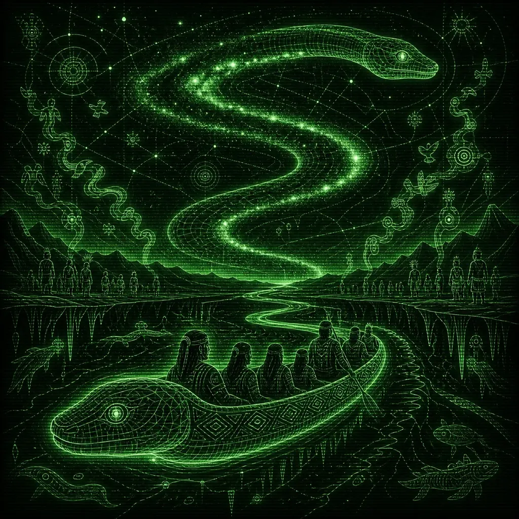 AI-generated cover A mystical, esoteric illustration in dark green monochrome CRT terminal aesthetic. An Amazonian anaconda-canoe flows through subterranean rivers …
