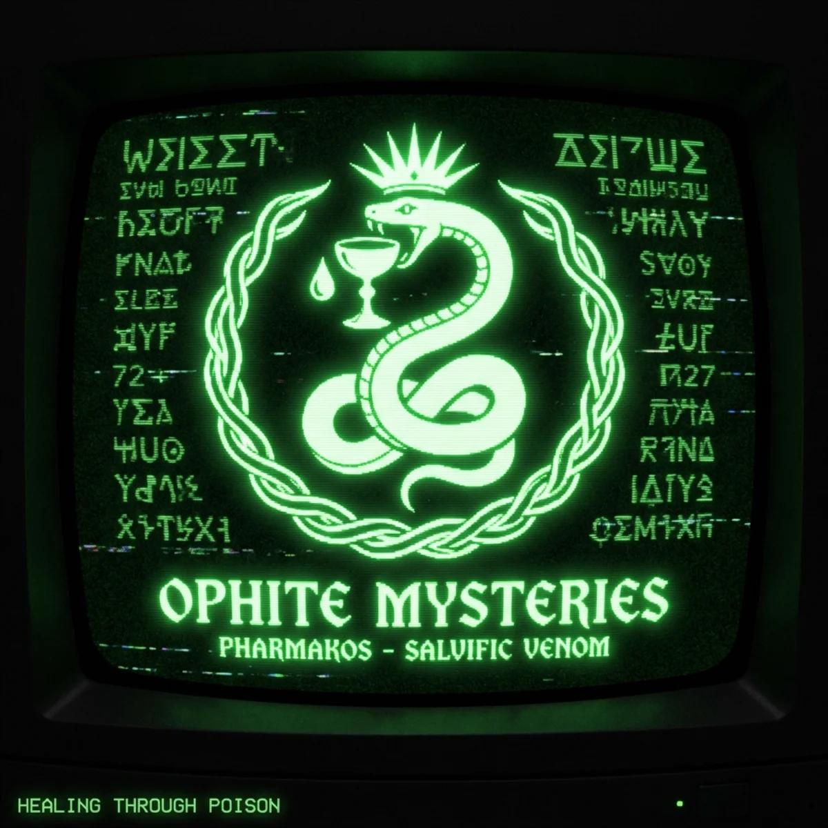 Green phosphor on black. The Serpent-Christ of Gnostic traditions rendered: a crowned serpent offering a chalice of salvific venom. Pharmakon—poison …