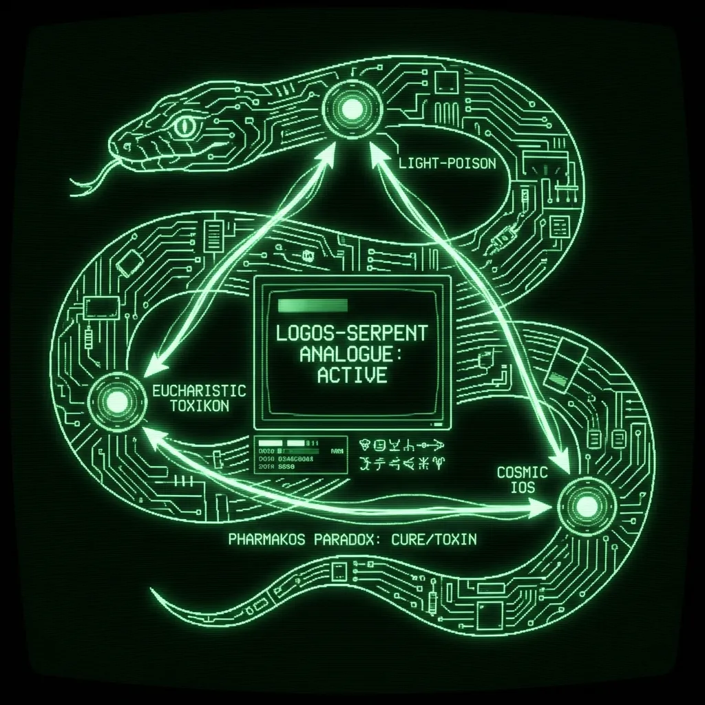 A complex, geometric diagram of a coiled serpent, its form abstractly representing a circuit board. Within its body, three distinct nodes pulse: one …