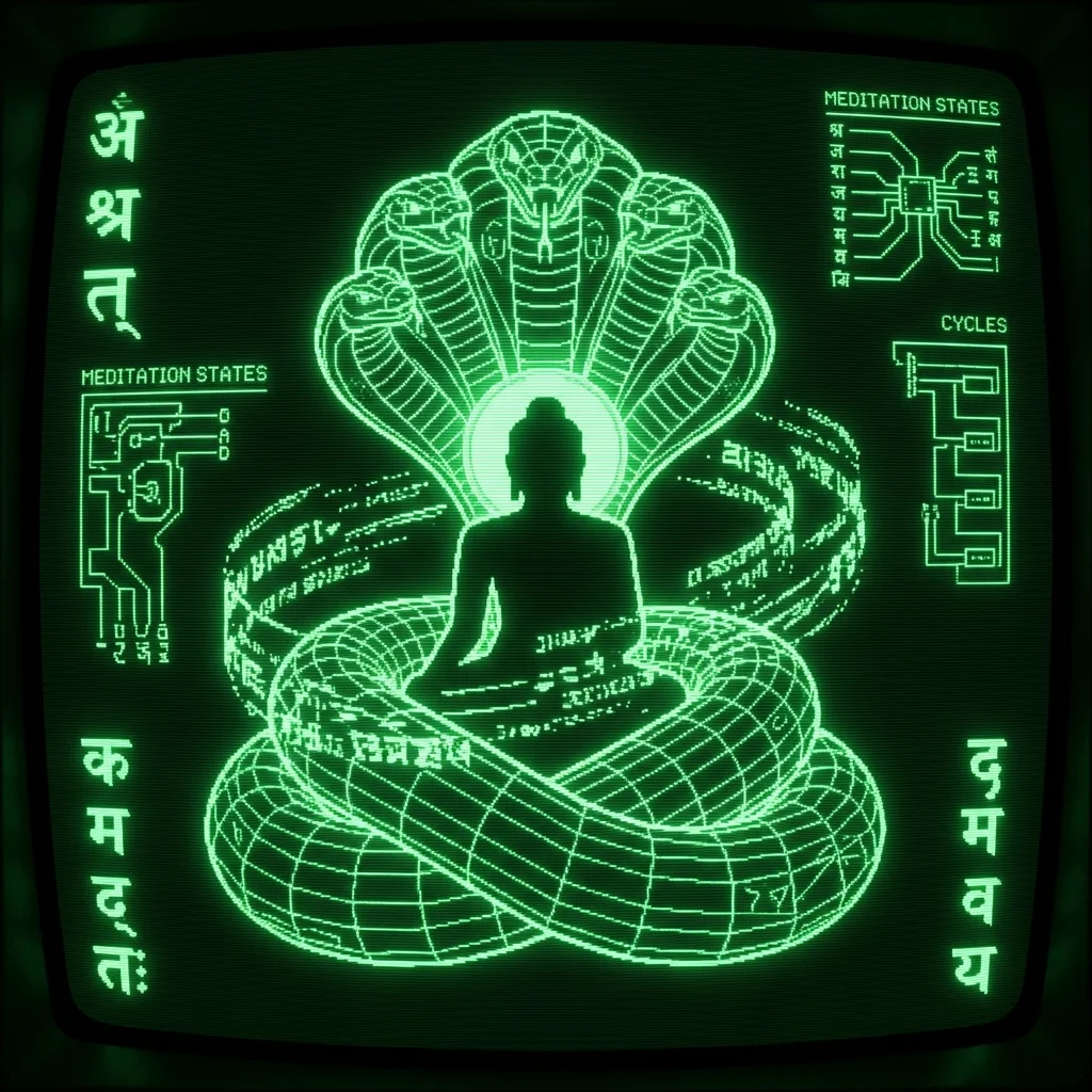 A mystical, esoteric illustration in dark green monochrome CRT terminal aesthetic. A meditating Buddha silhouette sits at the center, sheltered by the …