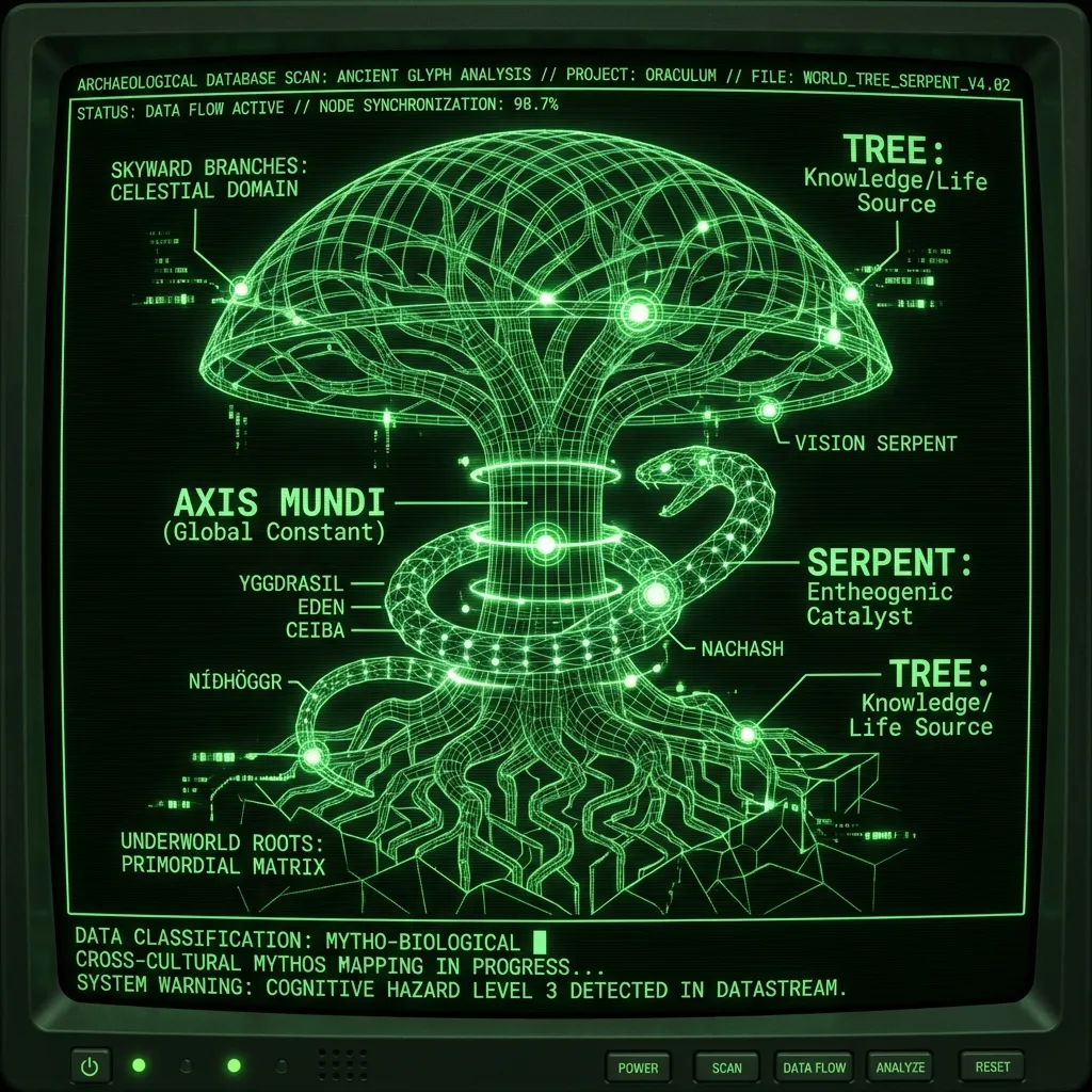 A complex, nested wireframe schematic of a World Tree, roots descending into a stylized underworld and branches reaching skyward, pulses with data …