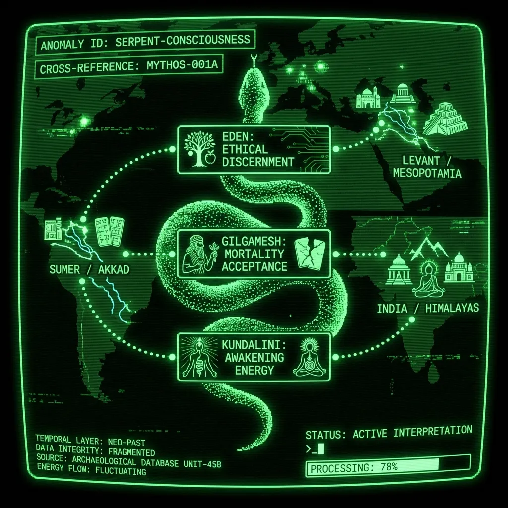 An archaeological database scan displays a fragmented, multi-layered schematic of ancient serpent myths. A central serpent silhouette, composed of …