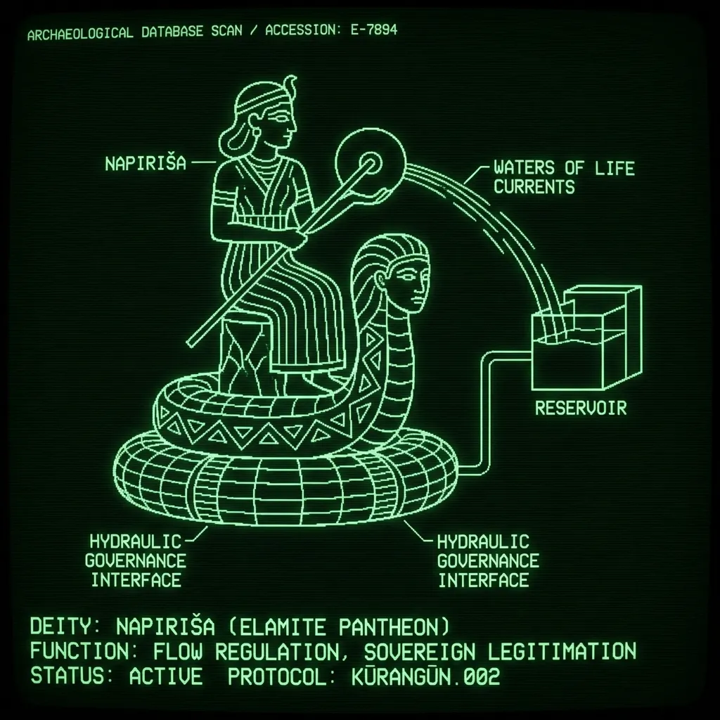 A detailed wireframe schematic of Napiriša enthroned on a human-headed serpent. "Waters of Life" currents emanate from a disk and rod held by the god, …