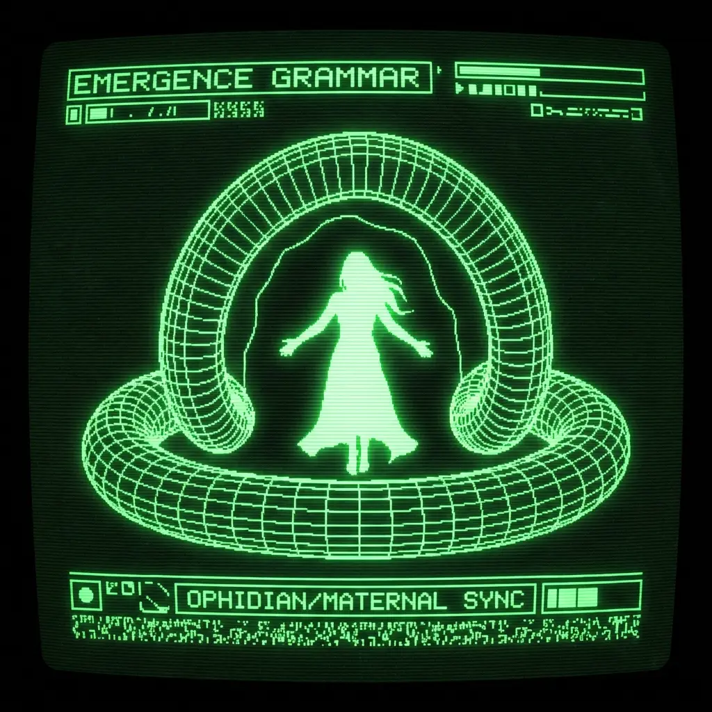 A mystical, esoteric illustration in dark green monochrome CRT terminal aesthetic (#00e300 on #0a0a0a). A 3D wireframe cave opening shaped like a …