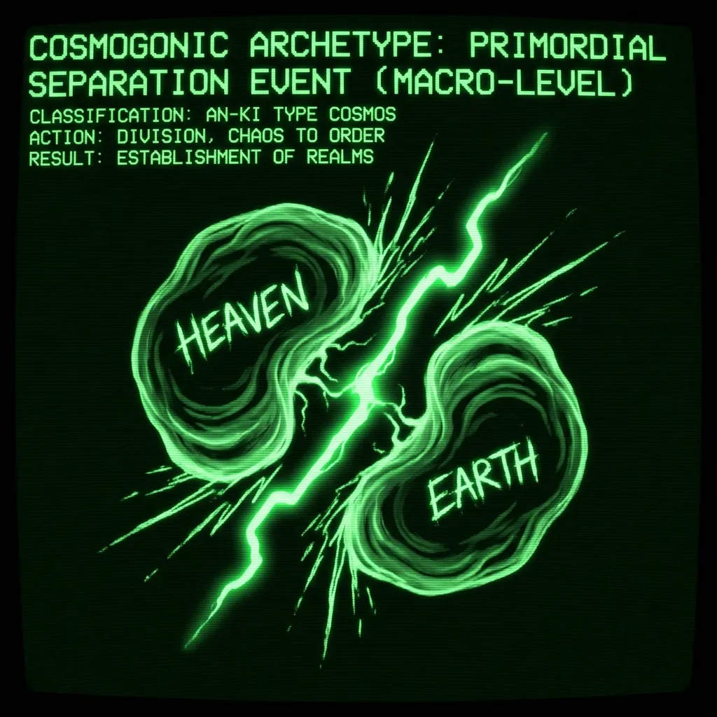 Two abstract, organic shapes representing Heaven and Earth, once fused, are now being forcefully pulled apart by a radiating energy field. A single, …