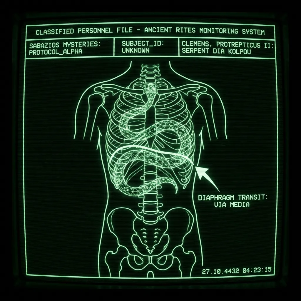 A wireframe schematic of a human torso, seen in cross-section, with a digitized serpent coiling and pulsing *through* the chest cavity. The serpent's …