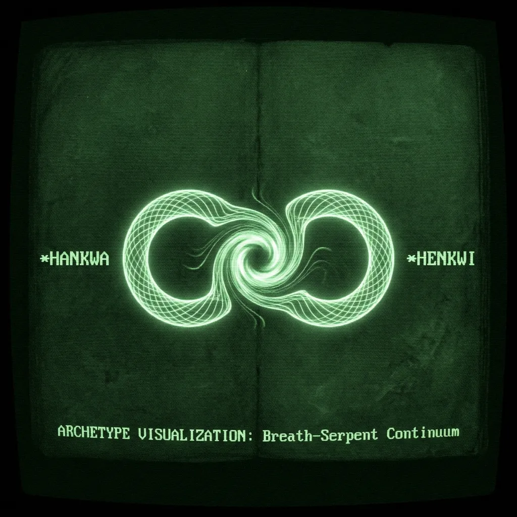 A stylized, glowing serpent formed by intertwining lines of flowing wind on an ancient codex—digitized by unknown hands display. The serpent coils …