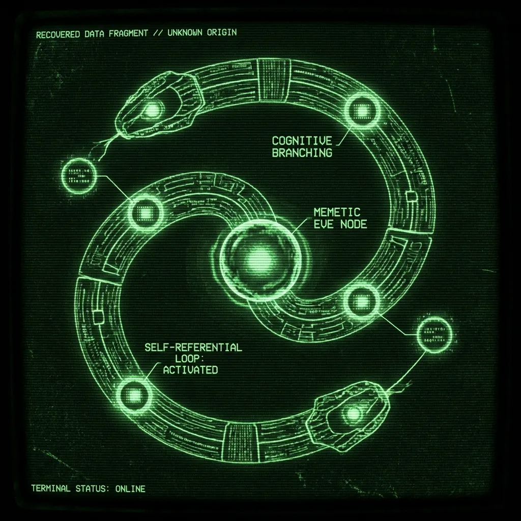 A complex, circuit-like diagram of a serpent coils around a central, glowing node, symbolizing the "Memetic Eve" concept. Nodes within the serpentine …