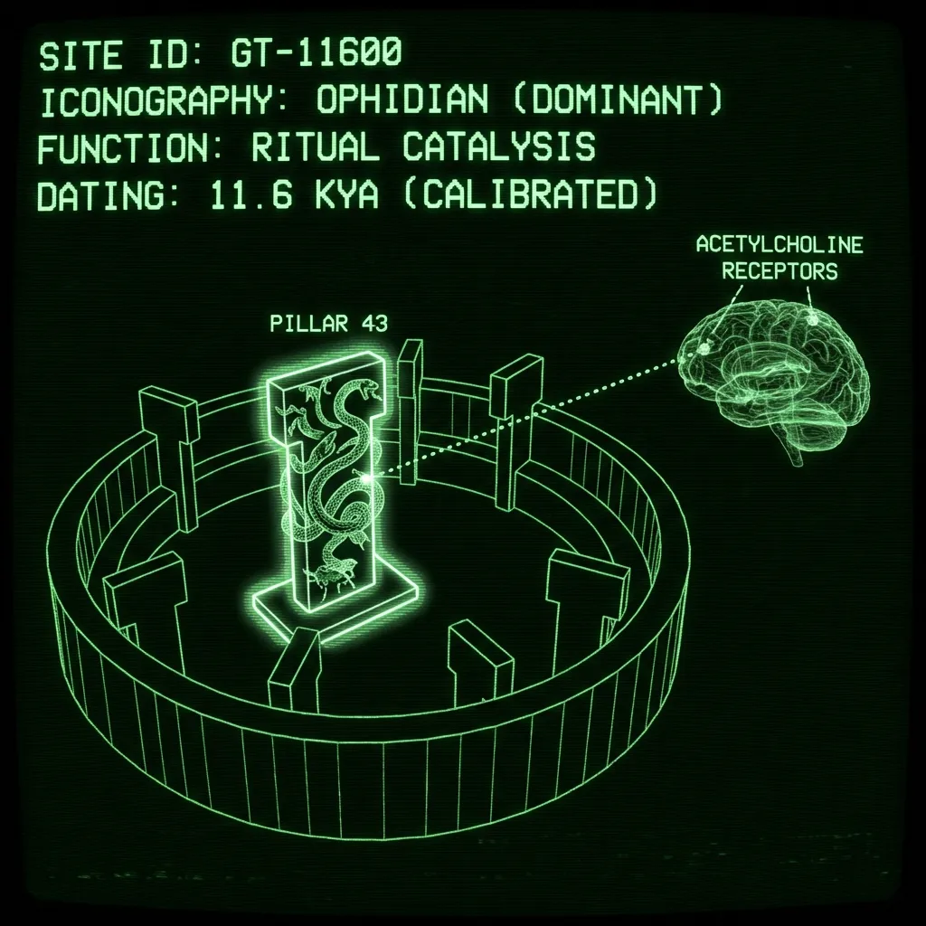 A wireframe diagram of Göbekli Tepe's Enclosure A, with the intertwined vipers of Pillar 43 pulsing. An archaeological database scan. Overlay text …