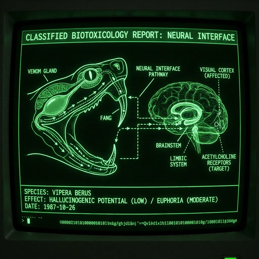 A detailed biological schematic of a viper's venom gland and fangs, its ducts pulsing with diagrammatic flow lines, connected via a network of dotted …
