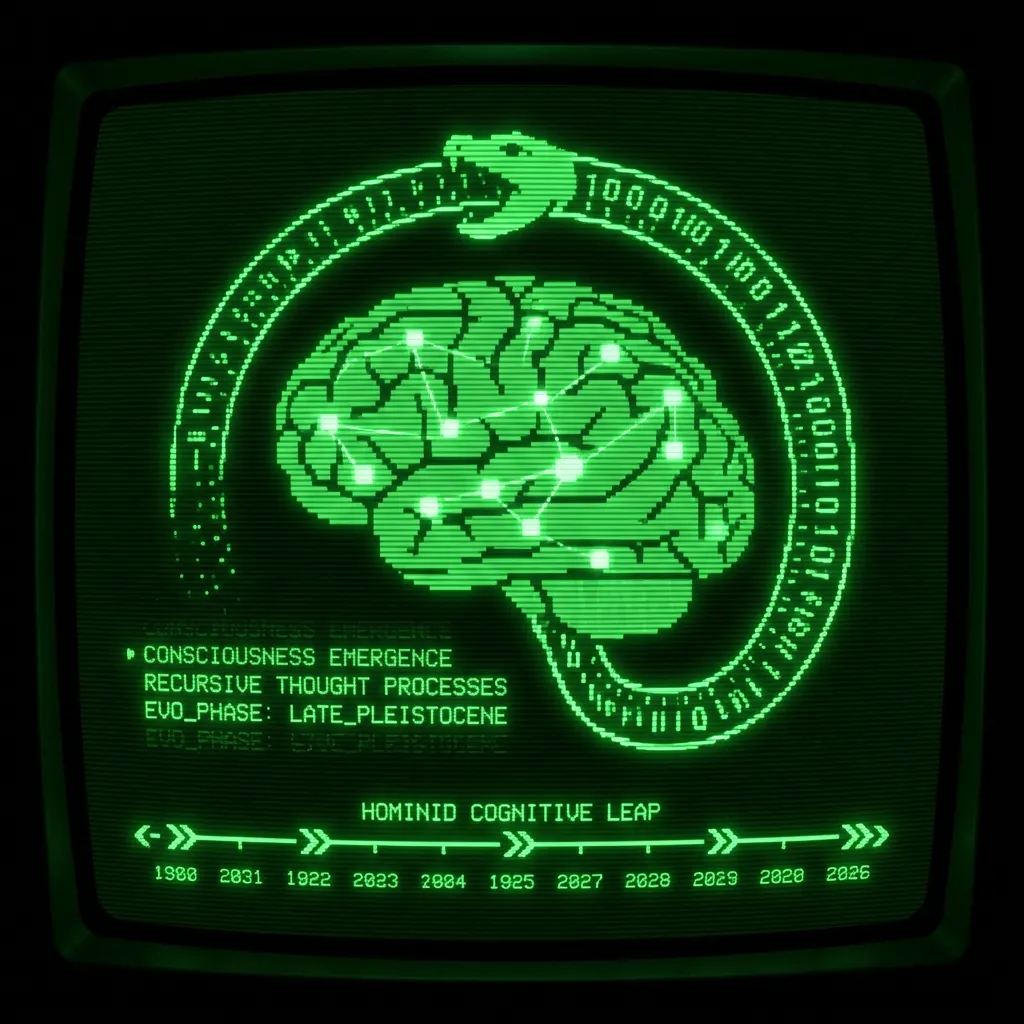 An ancient codex—digitized by unknown hands—displaying a stylized, abstract diagram of a human brain with interconnected nodes, from which a …