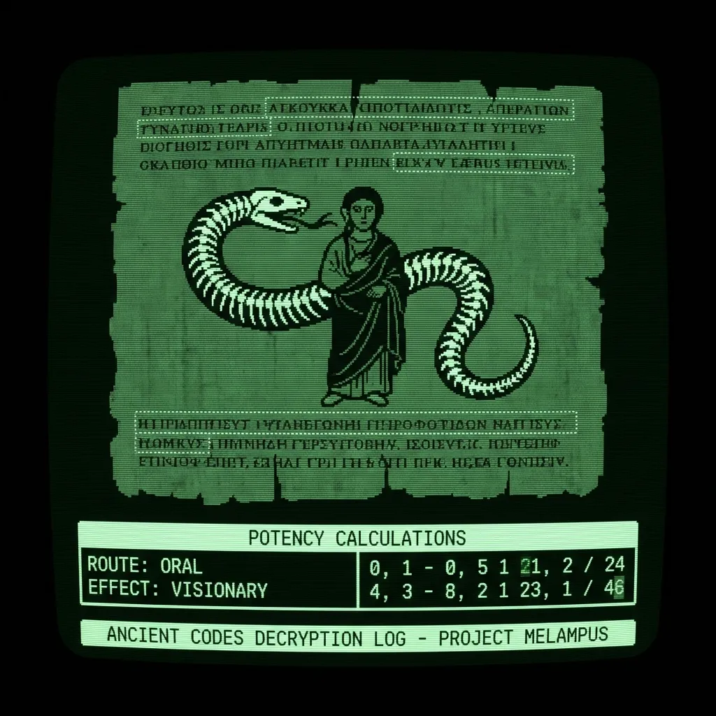 A fragmented, digitized scan of an ancient scroll. A stylized, skeletal serpent coils around a central figure, its forked tongue just touching the …