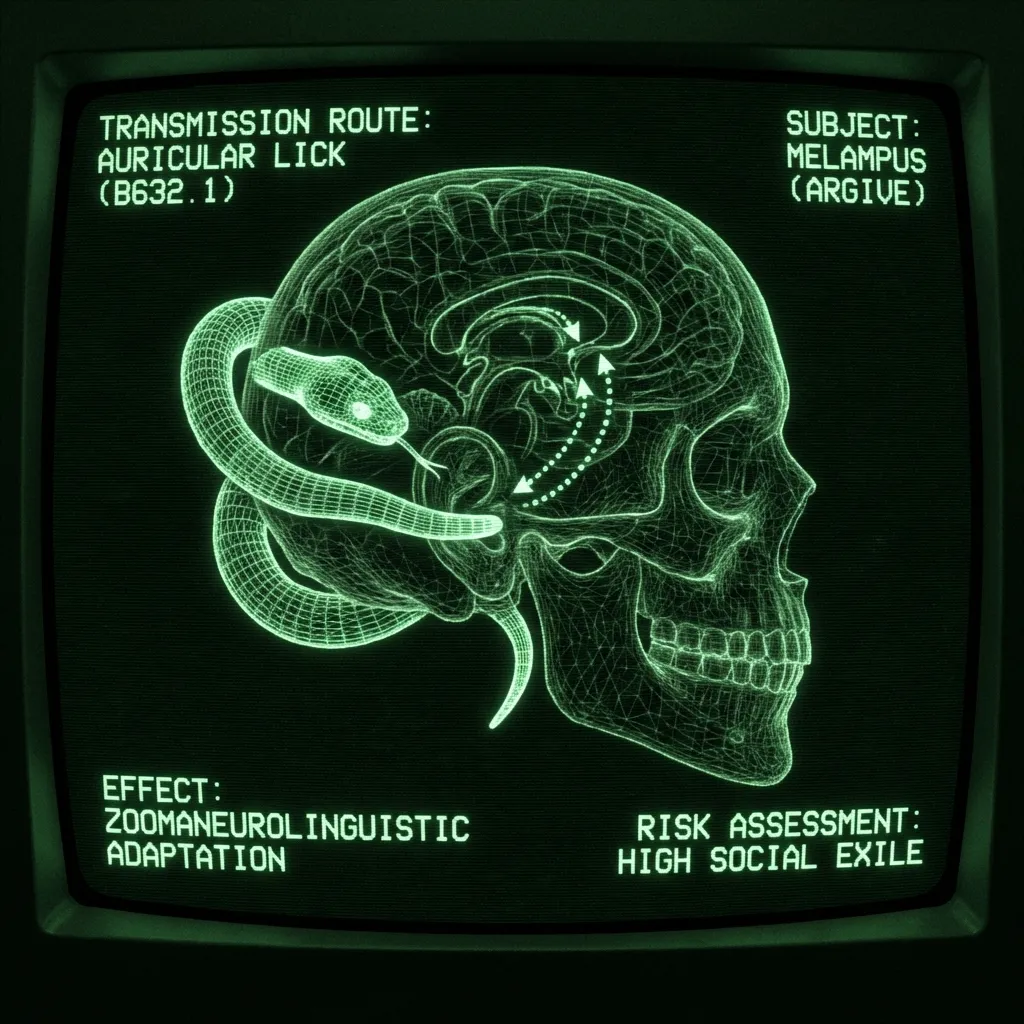 A forensic archaeological database scan of a schematic human skull. A detailed wireframe serpent coils around the temporal bone, its tongue extending …