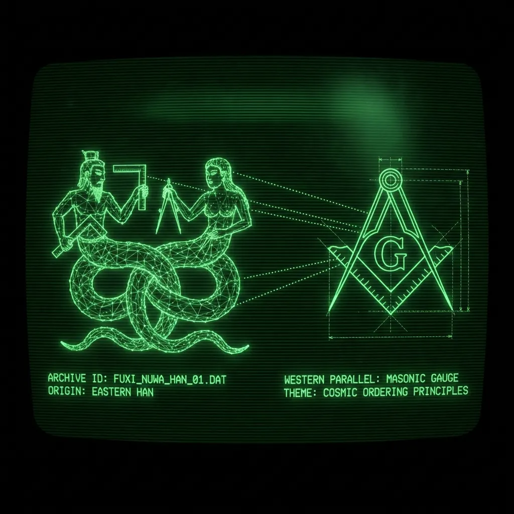 An archaeological database scan display. On the left, a digitized Han Dynasty relief of Fuxi and Nüwa, rendered as glowing wireframes with intertwined …