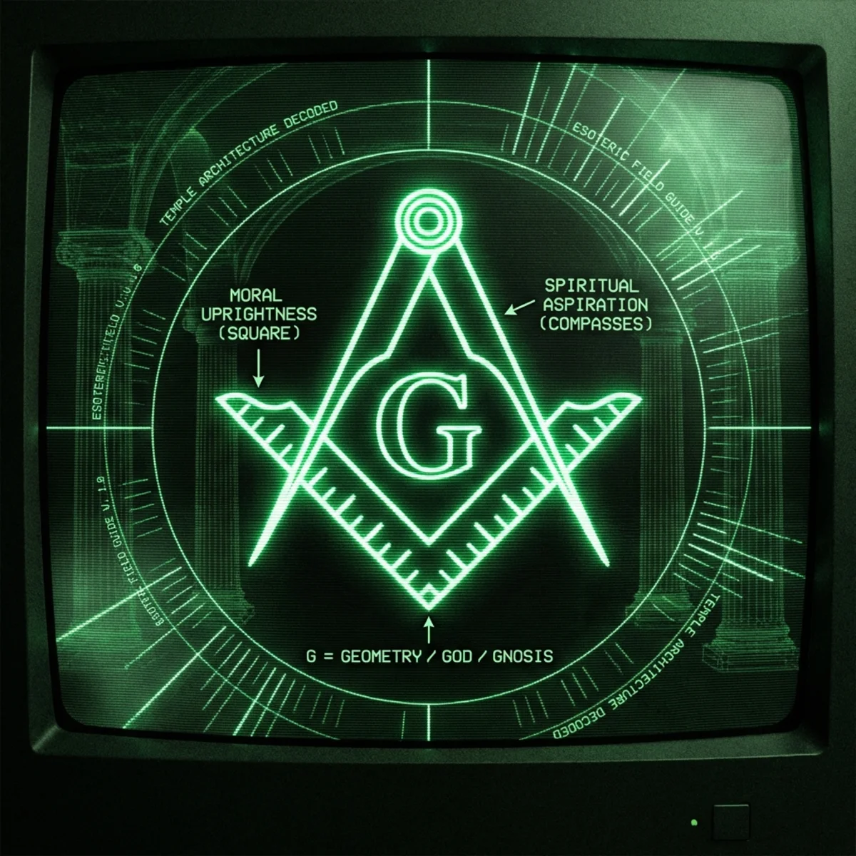 Green phosphor on black. The Masonic square and compasses with the letter G at center, rendered as glowing sacred geometry. Each element decoded: the …