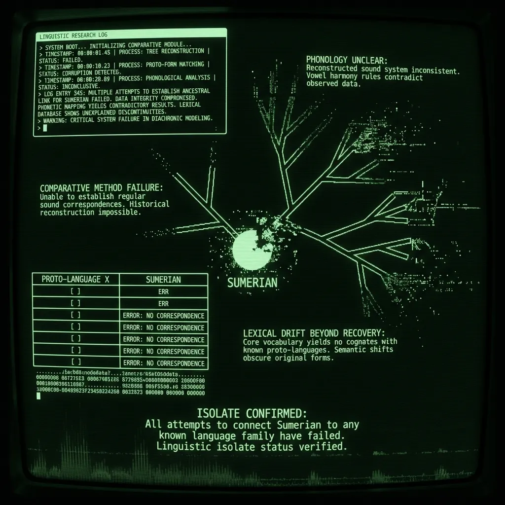 A complex wireframe diagram of a phylogenetic tree, its branches broken and fading into static, with a central node labeled 'SUMERIAN'. Below it, a …