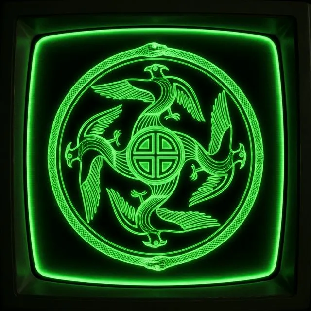 Four falcon thunderbird figures arranged in a whirling rotational pattern around a central sun-cross motif on a circular shell gorget artifact. The …