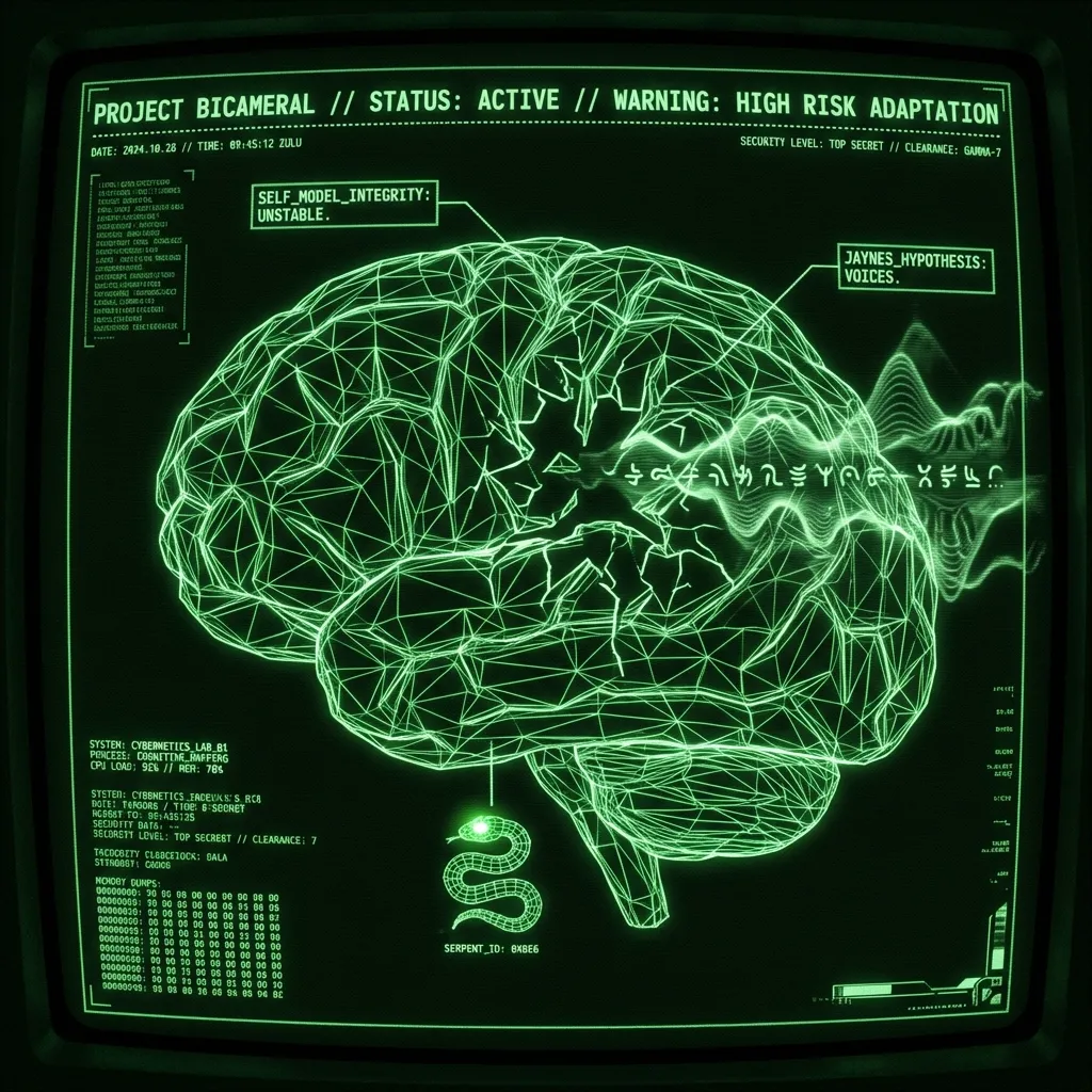 A digital schematic of a stylized human brain, rendered in glowing wireframes. A central, fractured area within the cortex is marked …