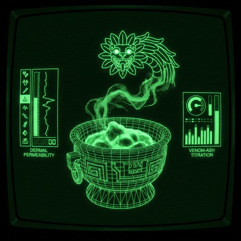A mystical, esoteric illustration in dark green monochrome CRT terminal aesthetic (#00e300 on #0a0a0a). A 3D wireframe Aztec vessel containing a …