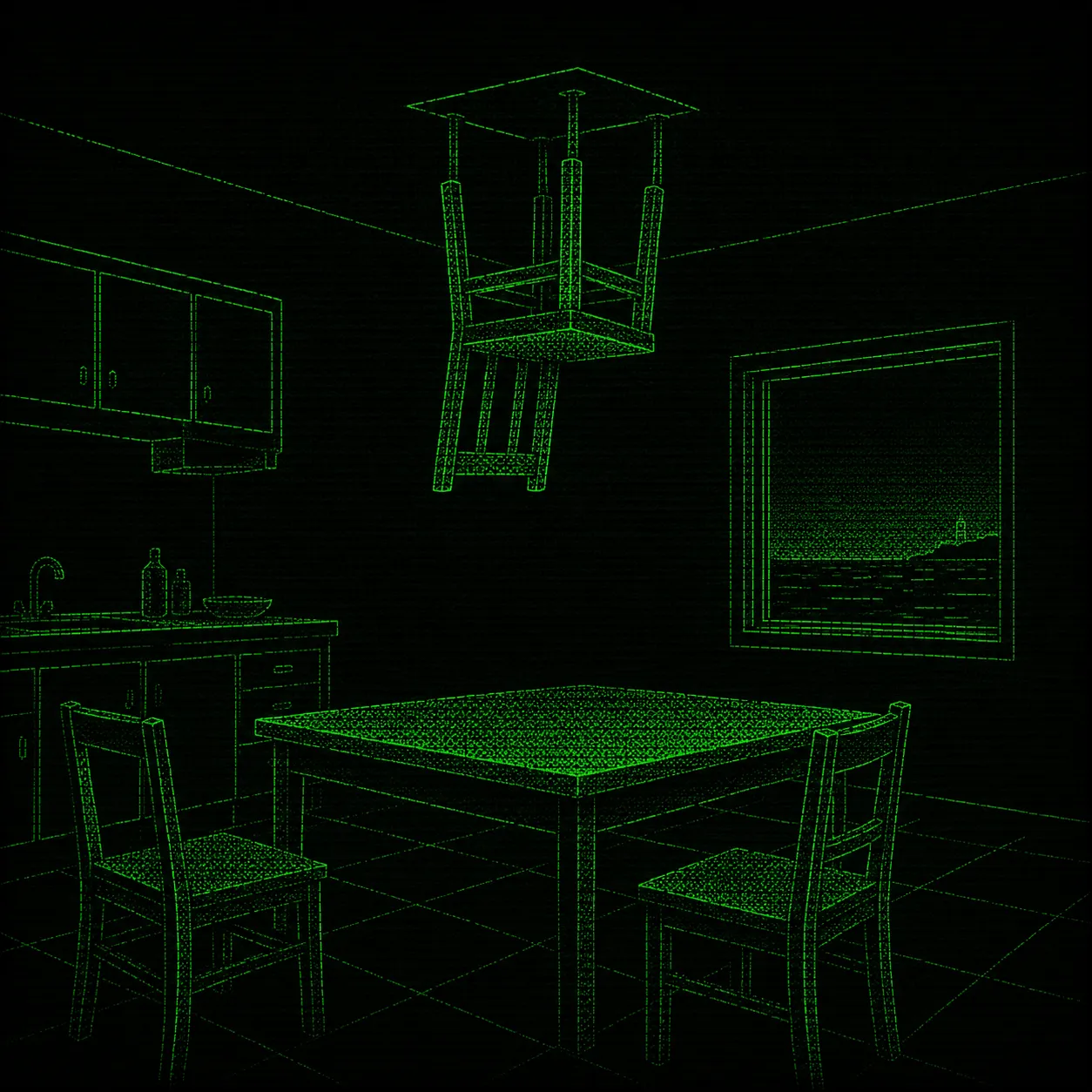An upside-down chair hangs above an empty table in a sparse green wireframe kitchen.