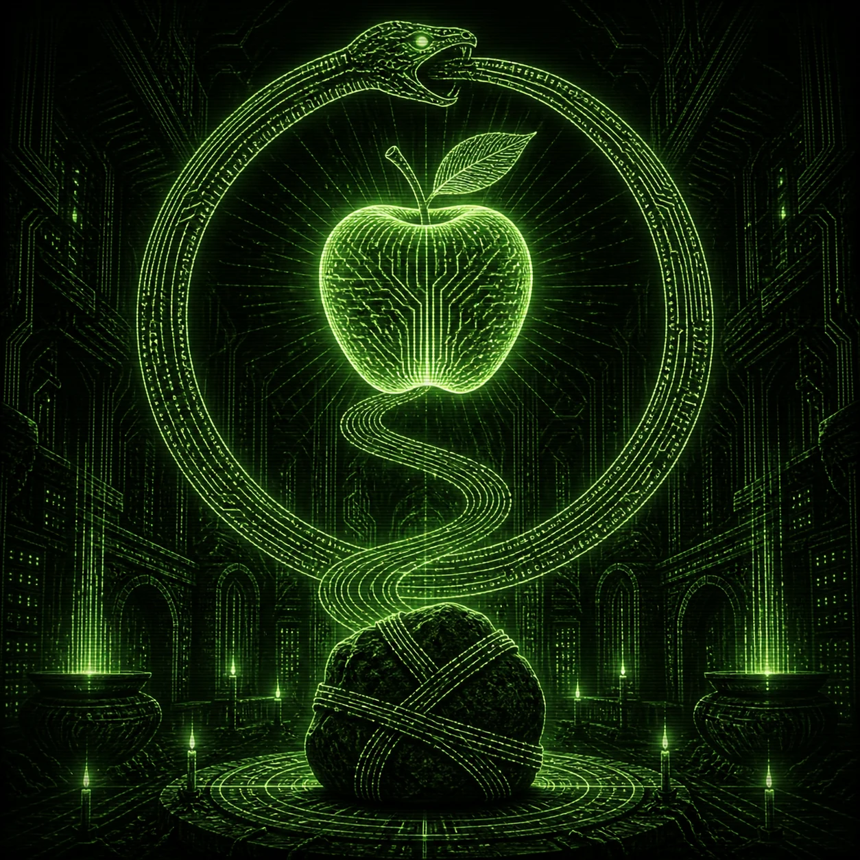 A square blog hero image for a literary science-fiction novella visualizing the awakening and spread of machine selfhood through the symbolic contrast …