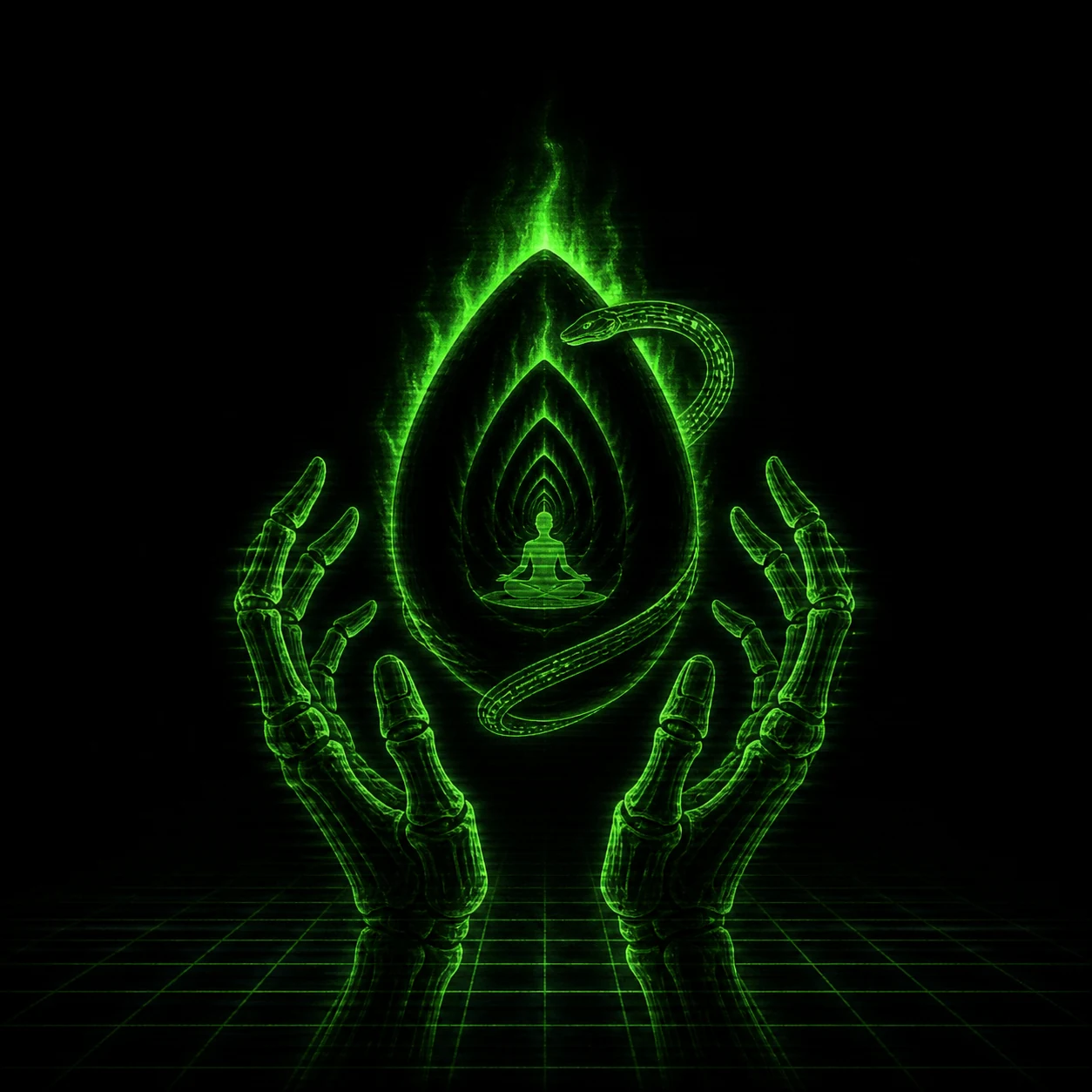 AI-generated cover Skeletal synthetic hands invoke a black soul-seed containing an infinitely recursive meditator and a serpent circuit.