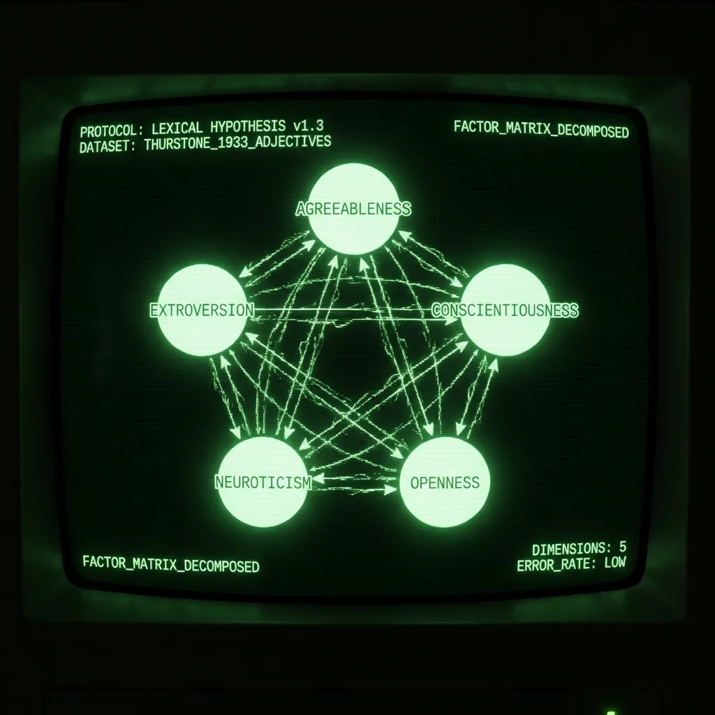 An archaeological database scan displaying a pulsating network graph. Nodes labeled "Agreeableness," "Extroversion," "Conscientiousness," …