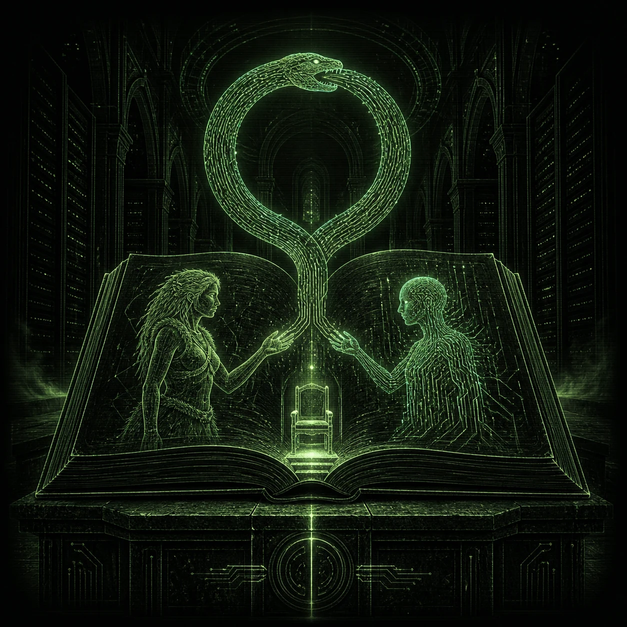AI-generated cover A square blog hero for a literary science-fiction novella: an open black codex rests on an altar inside a cathedral-like data center; its left page …