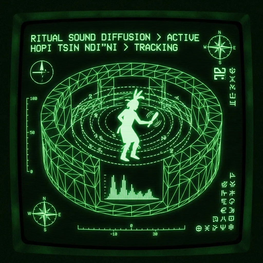 A mystical, esoteric illustration in dark green monochrome CRT terminal aesthetic (#00e300 on #0a0a0a). A high-contrast silhouette of the Hopi …