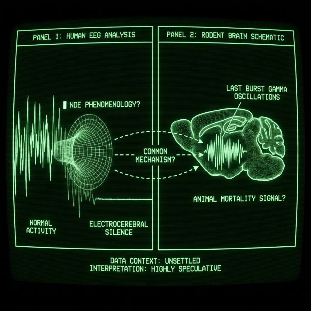 A classified personnel file terminal display, split into two comparative analysis panels. On the left, a human EEG trace *fades* into electrocerebral …
