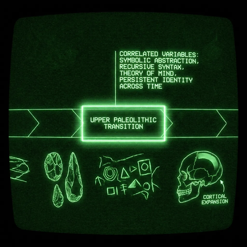 An archaeological database scan maps a segmented timeline of hominin evolution. A highlighted region pulses with the label "UPPER PALEOLITHIC …